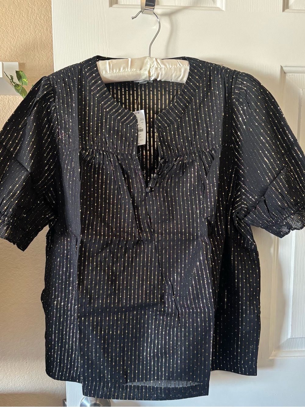 J. Crew Factory Black Metallic-Striped Puff Sleeve Blouse